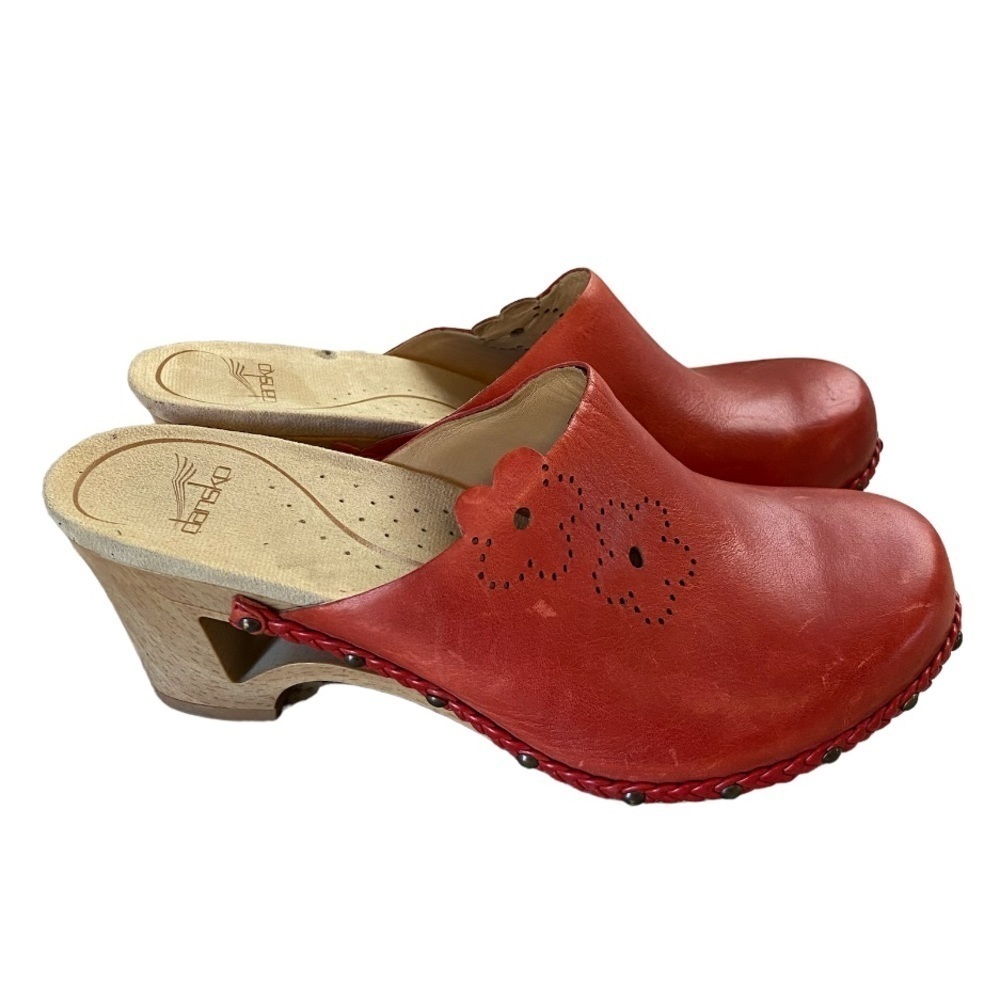 Dansko Red Leather Platform Clogs with Perforated Floral Detail - Picture 2 of 10